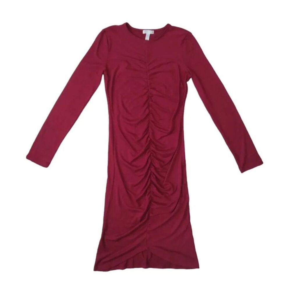 Leith Maroon Red Tannin Long Sleeve Ruched Jersey Bodycon Dress Women's Small